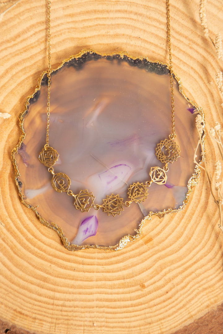 Seven chakra necklace + Labradorite flower of life adjustable ring combo