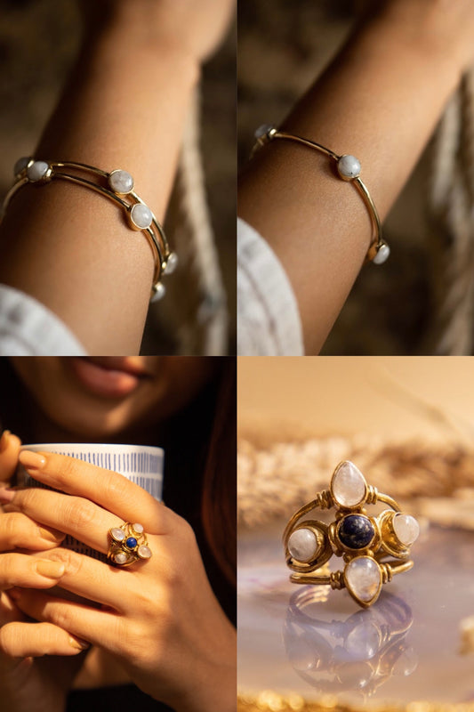 Moonstone drop bangle + lapis petal ring combo