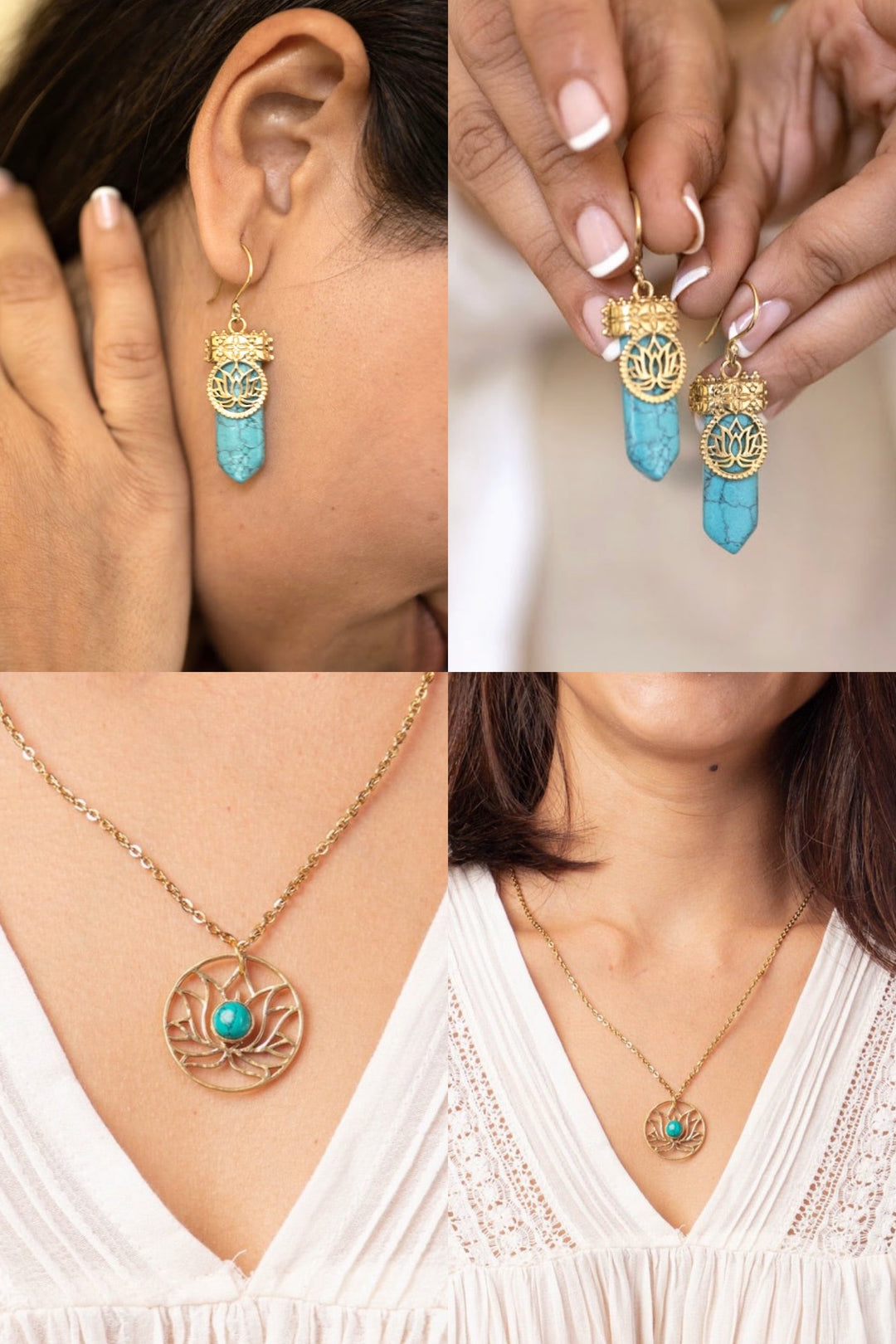 Turquoise lotus pencil drop earring + lotus short necklace combo