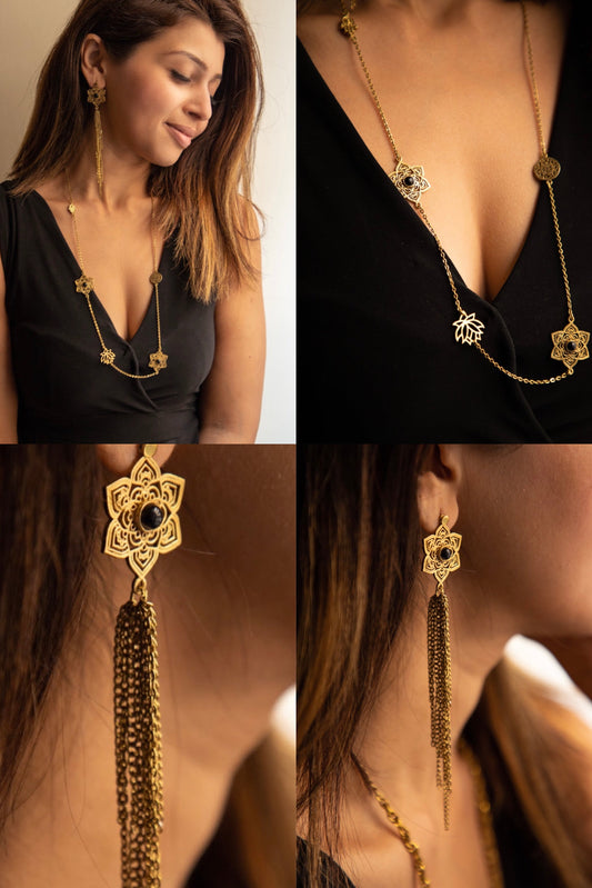 Black onyx mandala long necklace +Mandala drop earrings combo