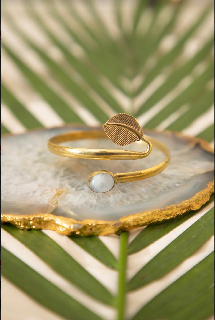 Moonstone Drop Bangle + Feather Wrap Adjustable Ring Combo(2)