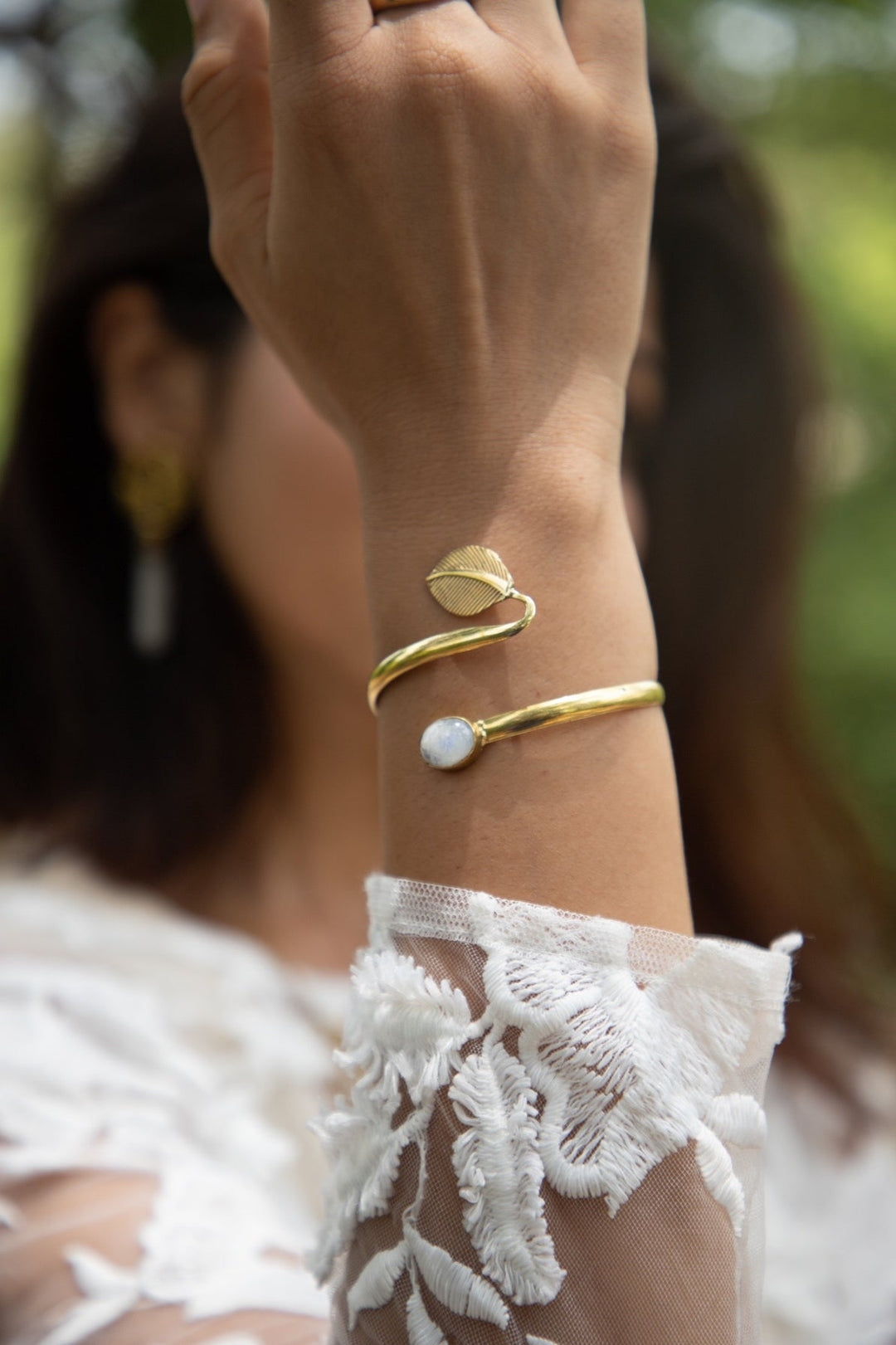 Moonstone Drop Bangle + Feather Wrap Adjustable Ring Combo(2)