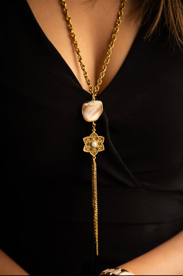 Aurora long necklace + mandala drop earrings + moonstone mandala adjustable combo