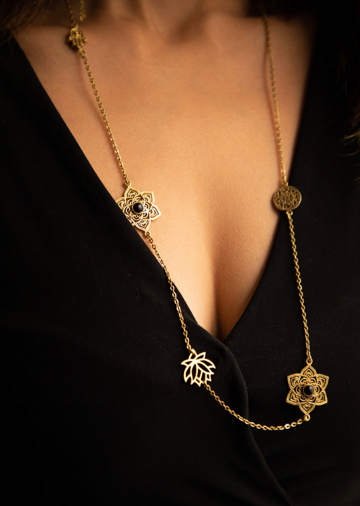 Black Onyx Mandala Long Charm Necklace.