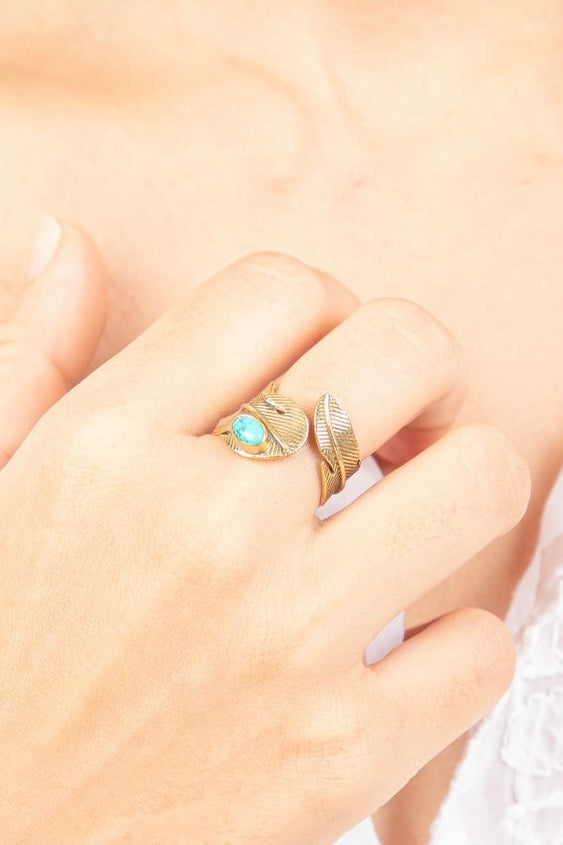 Turquoise feather adjustable ring
